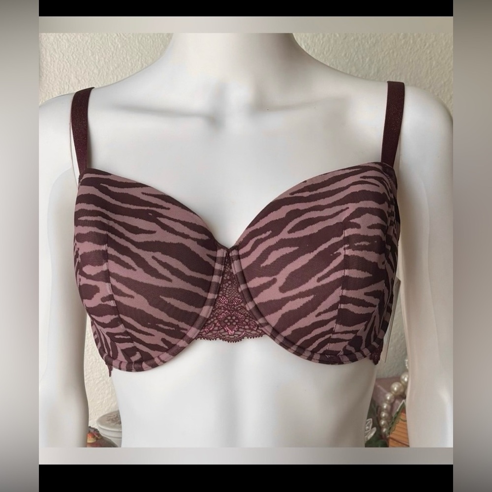 ThirdLove Zebra Print Lace Demi Bra Underwire Cups in Burgundy Size 34F NWT
